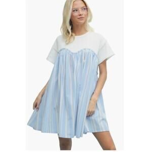 NEW! WISHLIST Stripe Twofer Mixed Media Cotton Babydoll Dress in BLUE COMBO (M)